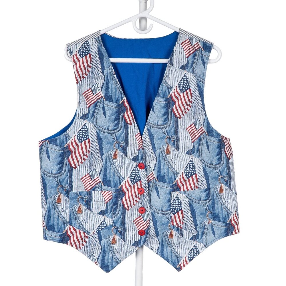 American Flag Homemade Vest XL Womans USA 4th of July Striped Pocket Shirts